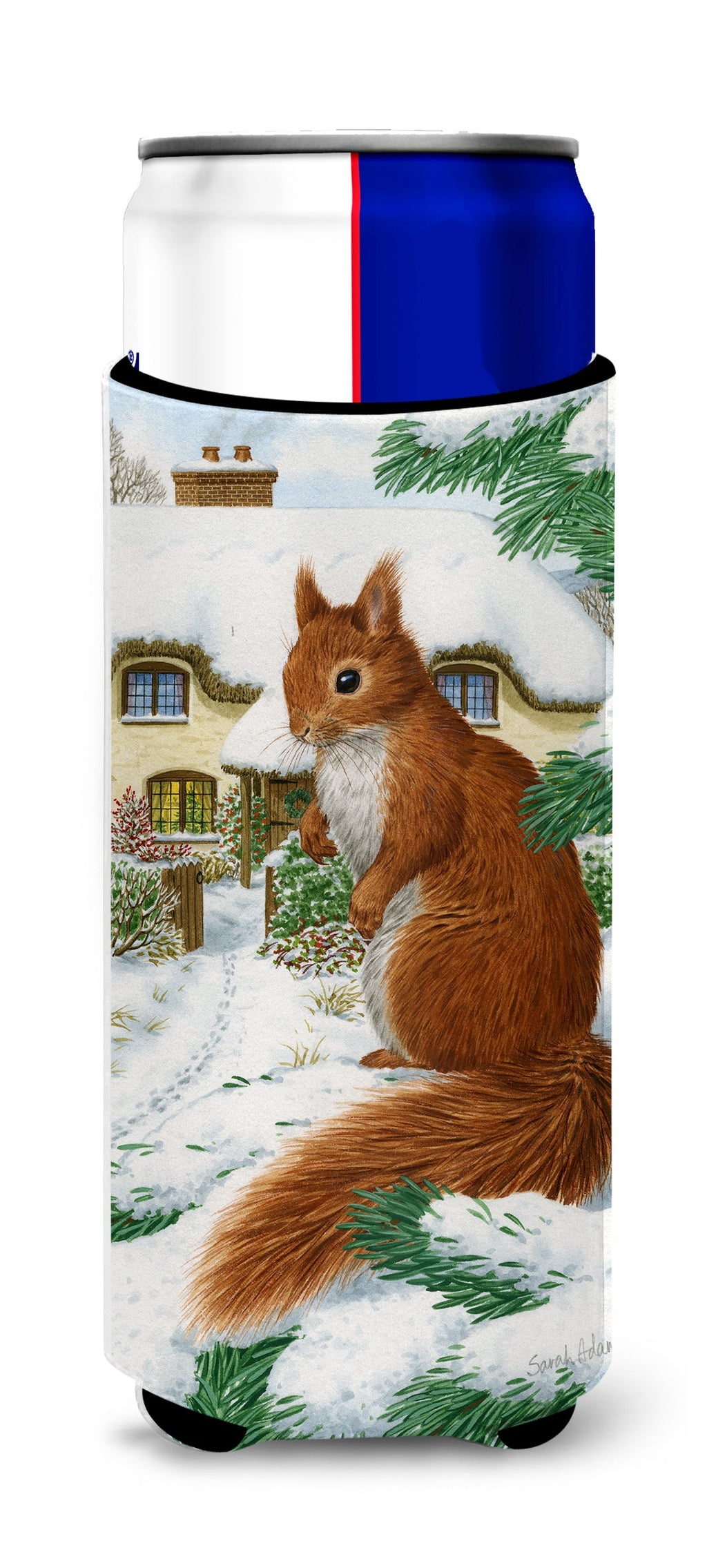 Red Squirrel & Cottage Slim Can Hugger , Insulated Foam Hugger for 12 oz Slim Cans, Beer Bottles & Water Bottles, Printed in USA