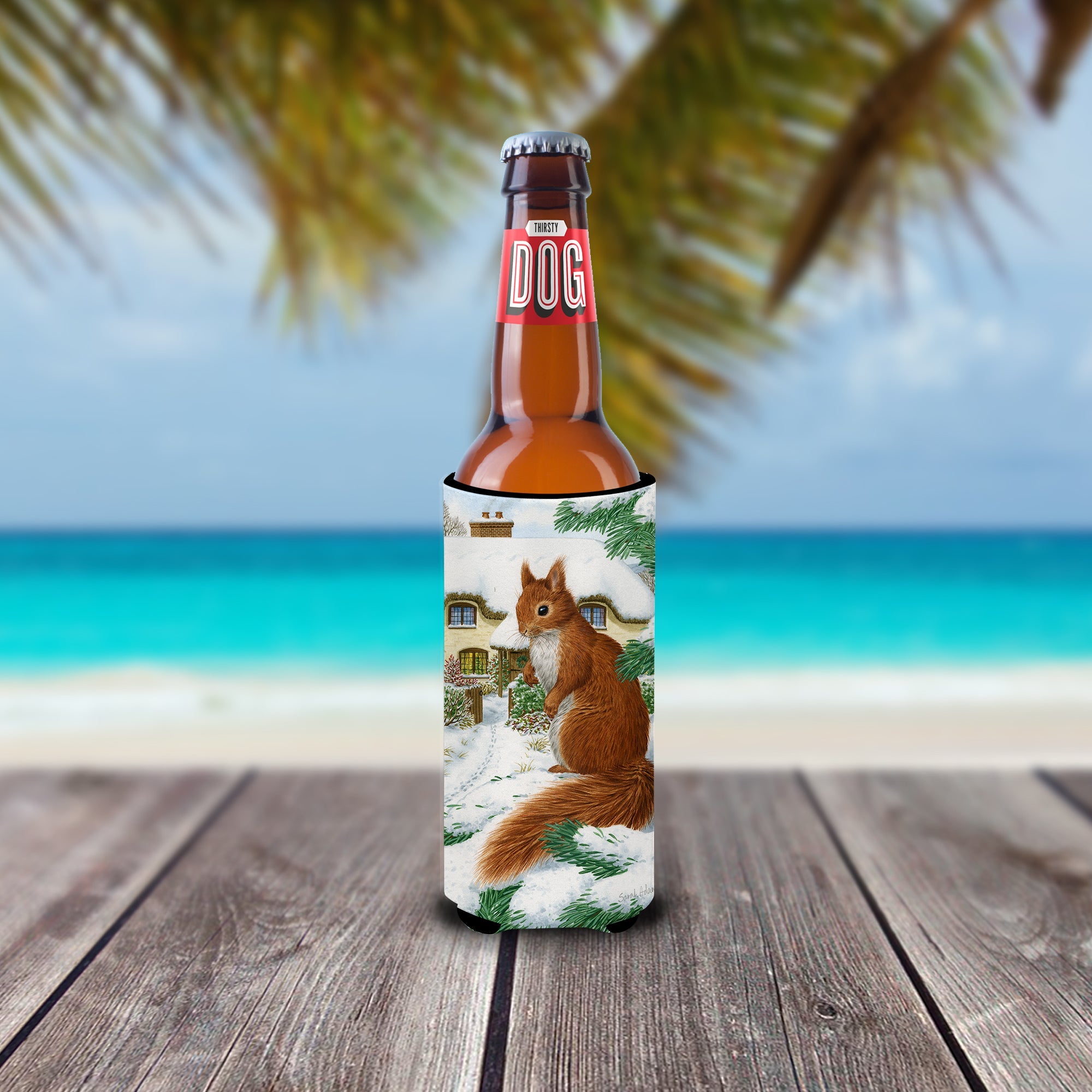 Red Squirrel & Cottage Slim Can Hugger , Insulated Foam Hugger for 12 oz Slim Cans, Beer Bottles & Water Bottles, Printed in USA