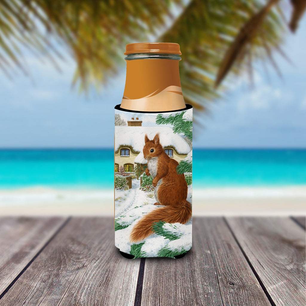 Red Squirrel & Cottage Slim Can Hugger , Insulated Foam Hugger for 12 oz Slim Cans, Beer Bottles & Water Bottles, Printed in USA