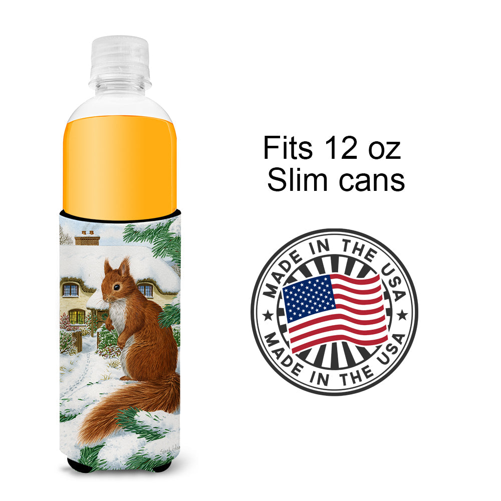 Red Squirrel & Cottage Slim Can Hugger , Insulated Foam Hugger for 12 oz Slim Cans, Beer Bottles & Water Bottles, Printed in USA