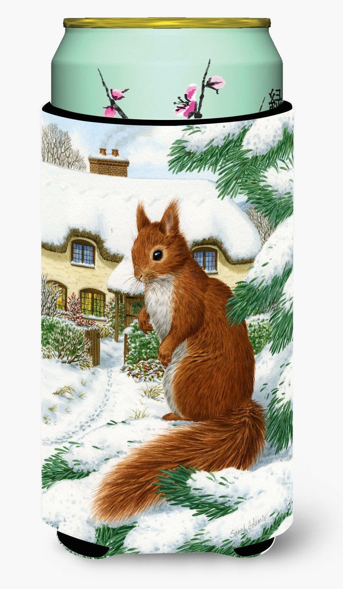 Red Squirrel & Cottage Tall Boy Hugger Can Cooler Sleeve Machine Washable Drink Collapsible Insulator Beverage Insulated Holder