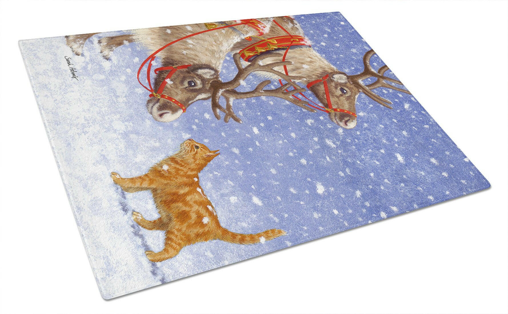 Reindeers & Cat Cutting Board Tempered Glass Kitchen Cutting Surface, Heat Resistant Chopping, Non-Slip Feet, Food Prep & Serving