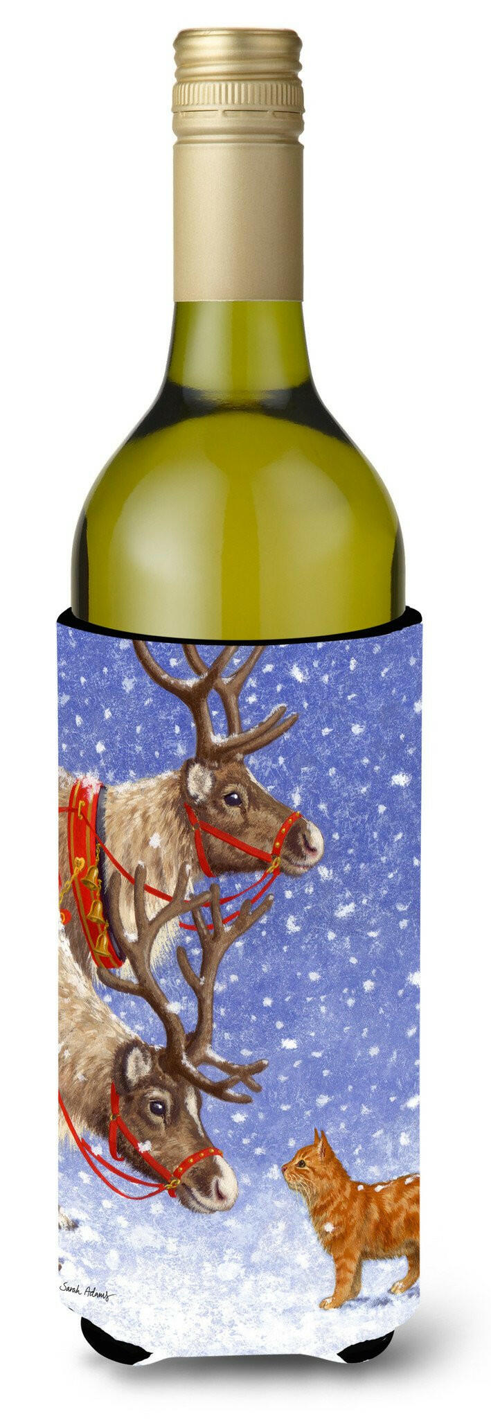 Reindeers & Cat Wine Bottle Hugger Gift Sleeve for Standard 750 ml Bottles, Insulated Reusable Also Fits Mini Shot & Pint Bottles