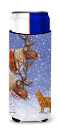 Reindeers & Cat Slim Can Hugger , Insulated Foam Hugger for 12 oz Slim Cans, Beer Bottles & Water Bottles, Printed in USA