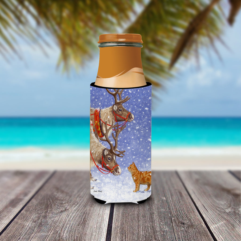 Reindeers & Cat Slim Can Hugger , Insulated Foam Hugger for 12 oz Slim Cans, Beer Bottles & Water Bottles, Printed in USA