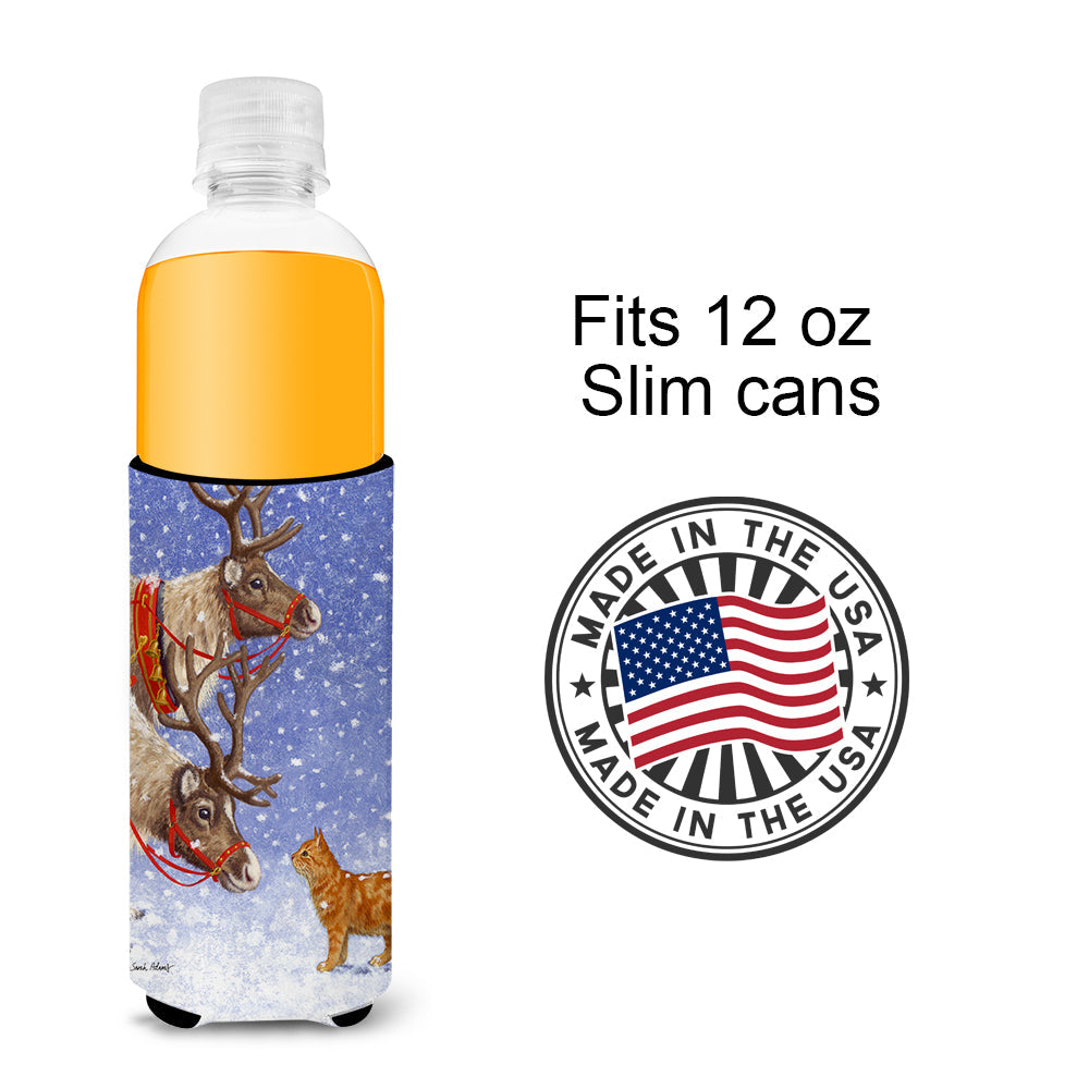 Reindeers & Cat Slim Can Hugger , Insulated Foam Hugger for 12 oz Slim Cans, Beer Bottles & Water Bottles, Printed in USA