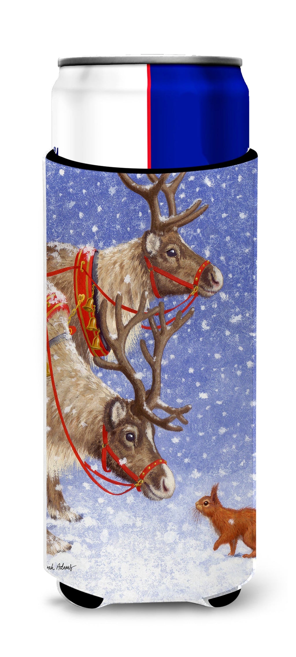 Reindeers & Squirrel Slim Can Hugger , Insulated Foam Hugger for 12 oz Slim Cans, Beer Bottles & Water Bottles, Printed in USA