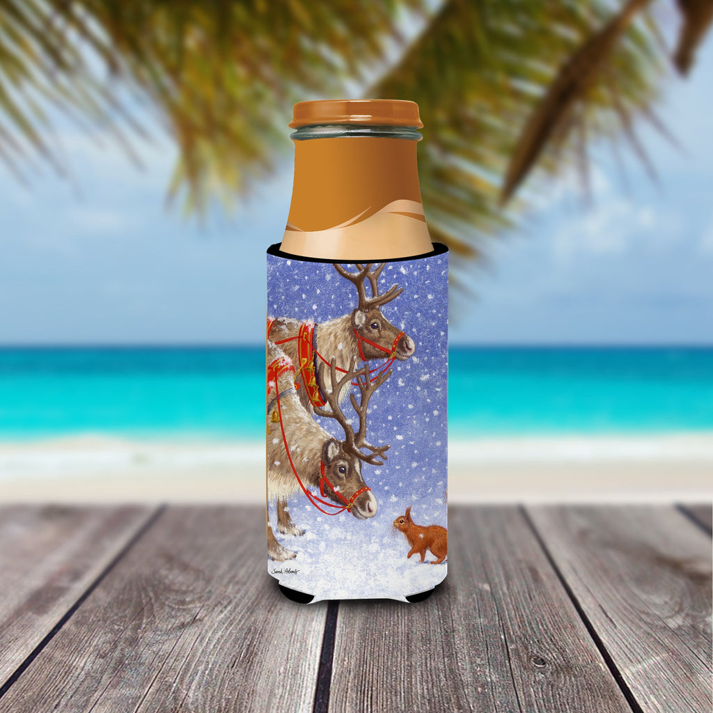 Reindeers & Squirrel Slim Can Hugger , Insulated Foam Hugger for 12 oz Slim Cans, Beer Bottles & Water Bottles, Printed in USA