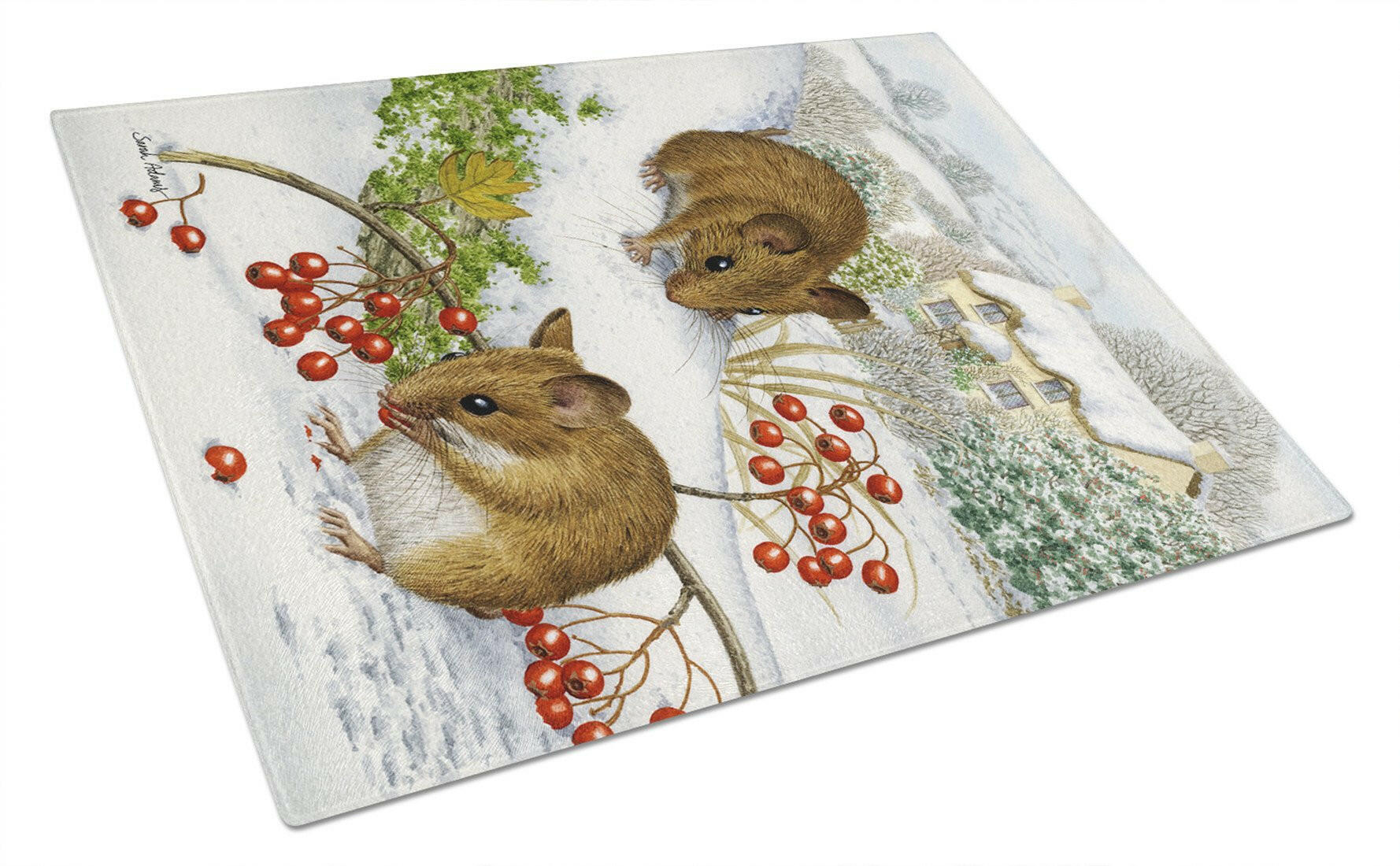 Wood Mice and Berries Cutting Board Tempered Glass Kitchen Cutting Surface, Heat Resistant Chopping, Non-Slip Feet, Food Prep & Serving