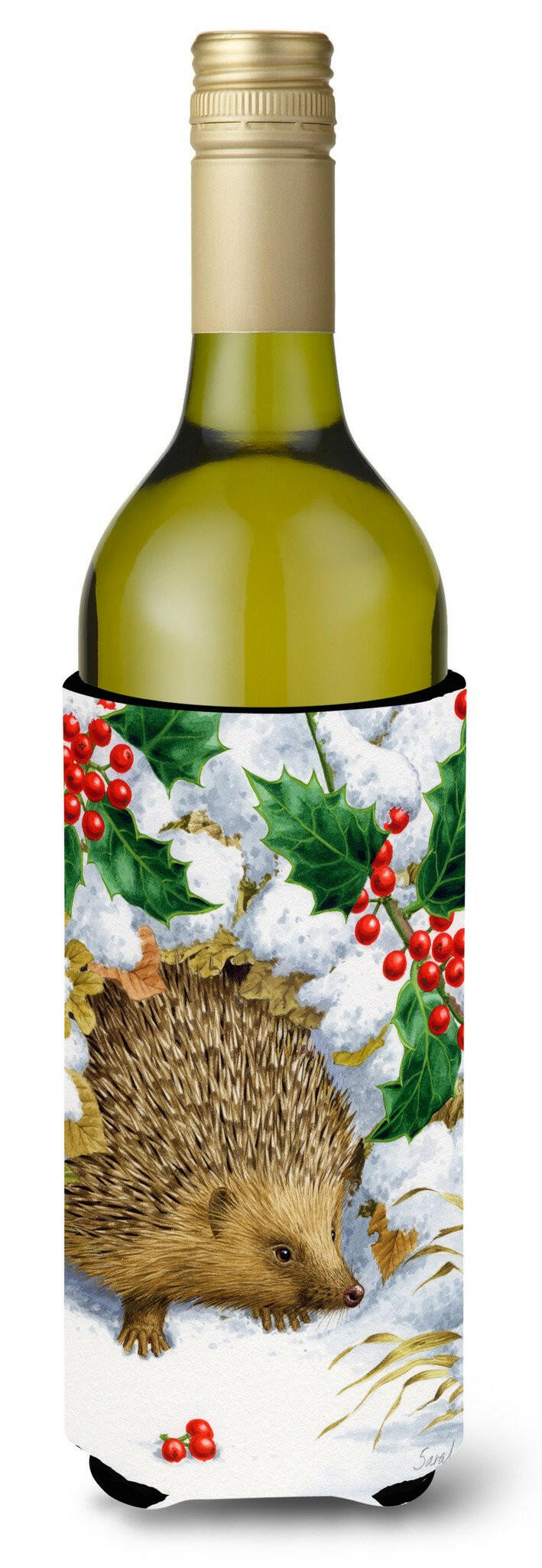 Hedgehog and Holly Wine Bottle Hugger Gift Sleeve for Standard 750 ml Bottles, Insulated Reusable Also Fits Mini Shot & Pint Bottles
