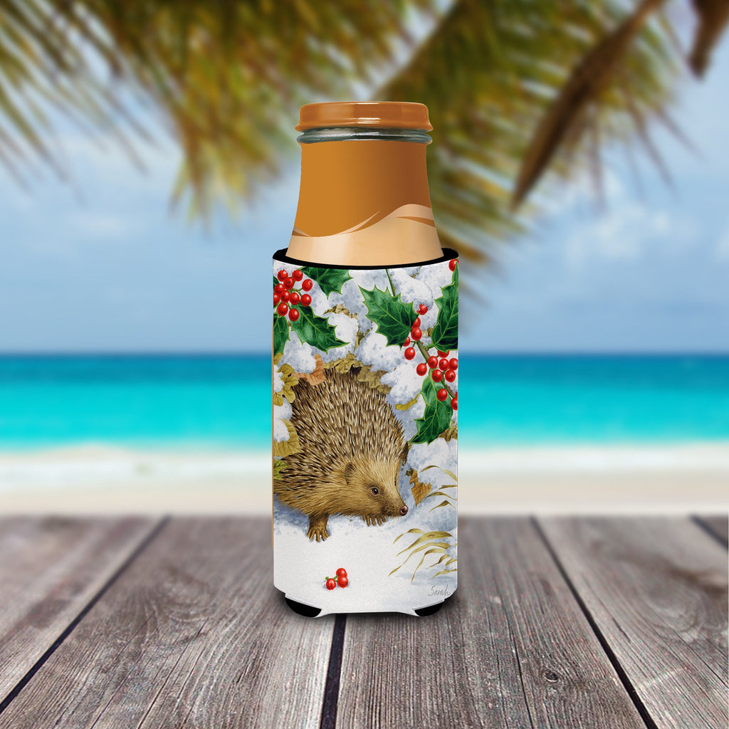 Hedgehog and Holly Slim Can Hugger , Insulated Foam Hugger for 12 oz Slim Cans, Beer Bottles & Water Bottles, Printed in USA