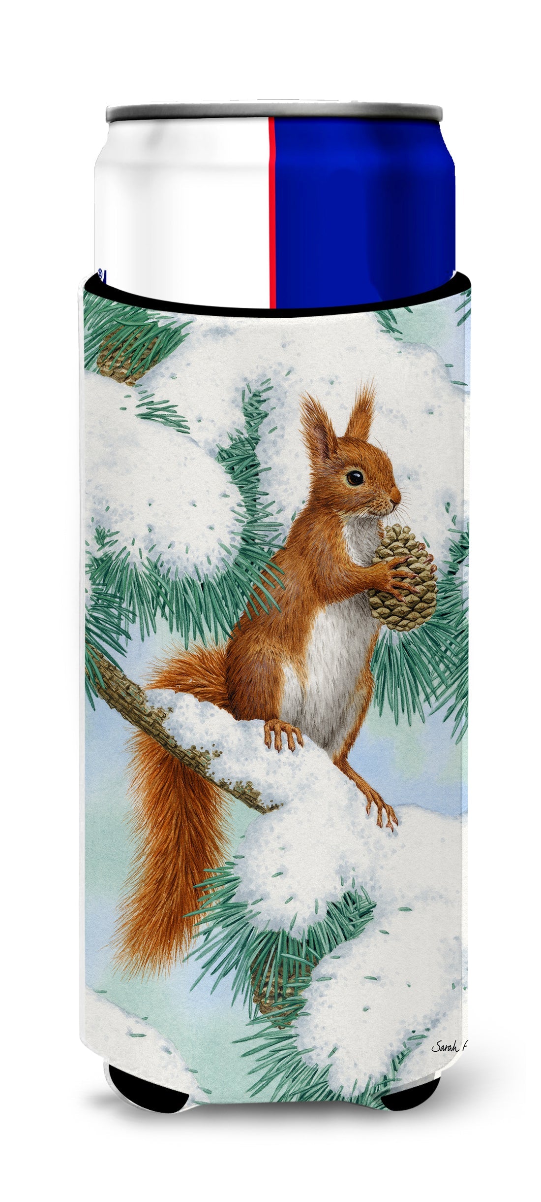 Red Squirrel with Pine Cone Slim Can Hugger , Insulated Foam Hugger for 12 oz Slim Cans, Beer Bottles & Water Bottles, Printed in USA