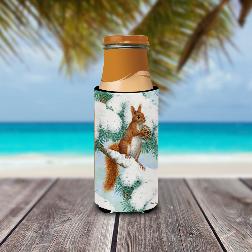 Red Squirrel with Pine Cone Slim Can Hugger , Insulated Foam Hugger for 12 oz Slim Cans, Beer Bottles & Water Bottles, Printed in USA