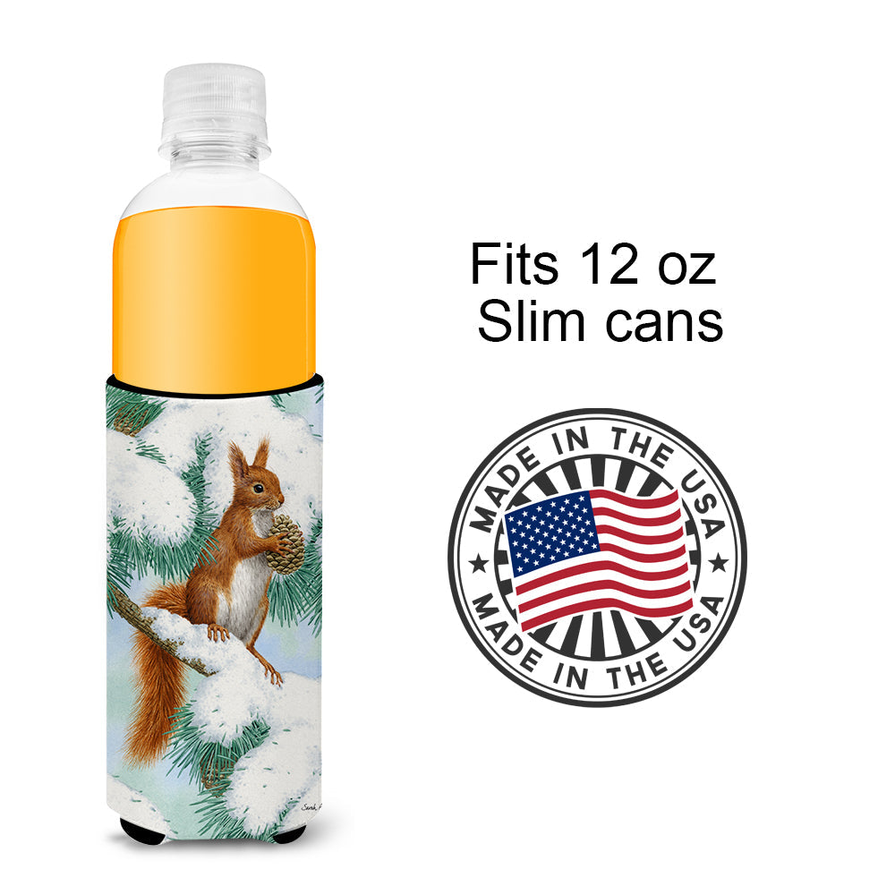 Red Squirrel with Pine Cone Slim Can Hugger , Insulated Foam Hugger for 12 oz Slim Cans, Beer Bottles & Water Bottles, Printed in USA