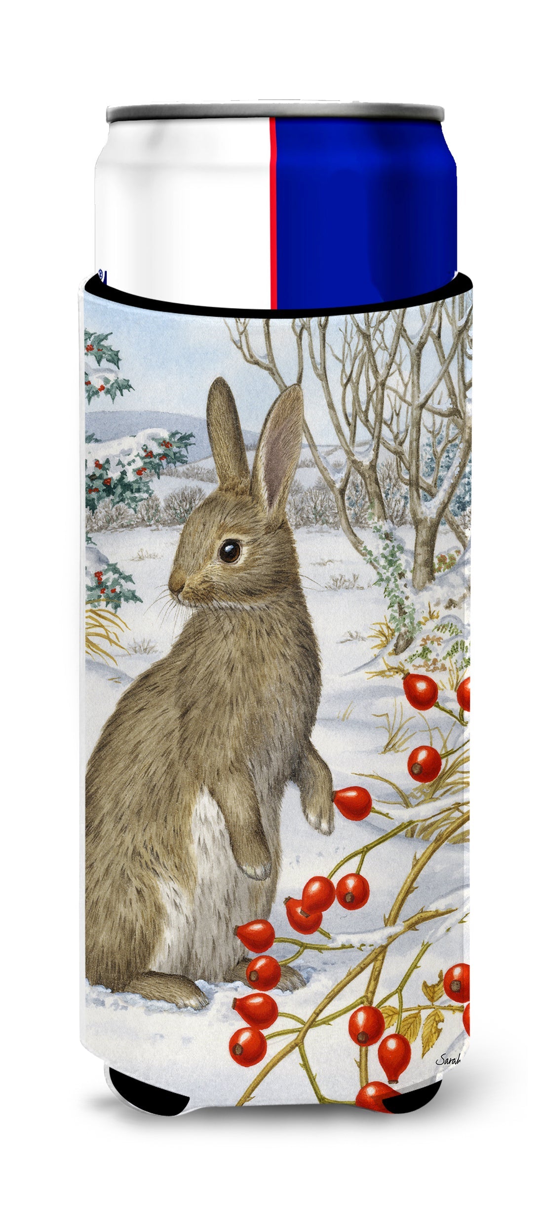 Rabbit with Berries Slim Can Hugger , Insulated Foam Hugger for 12 oz Slim Cans, Beer Bottles & Water Bottles, Printed in USA