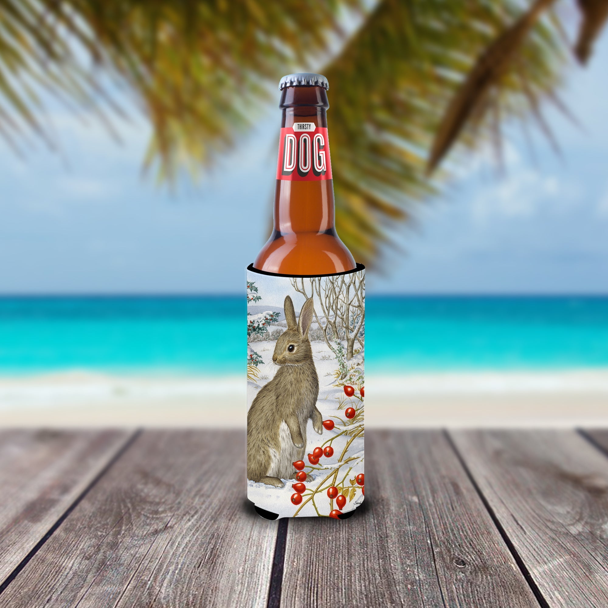 Rabbit with Berries Slim Can Hugger , Insulated Foam Hugger for 12 oz Slim Cans, Beer Bottles & Water Bottles, Printed in USA