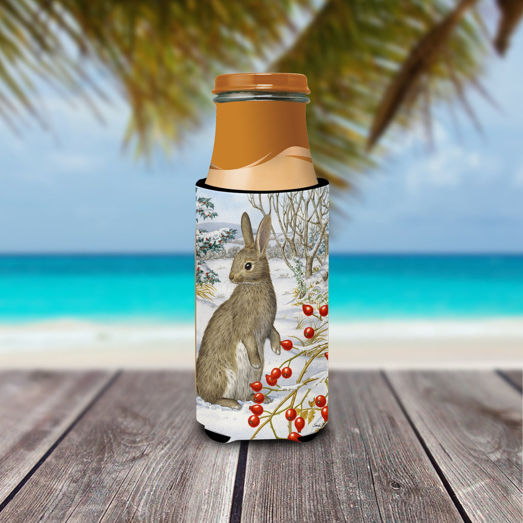 Rabbit with Berries Slim Can Hugger , Insulated Foam Hugger for 12 oz Slim Cans, Beer Bottles & Water Bottles, Printed in USA