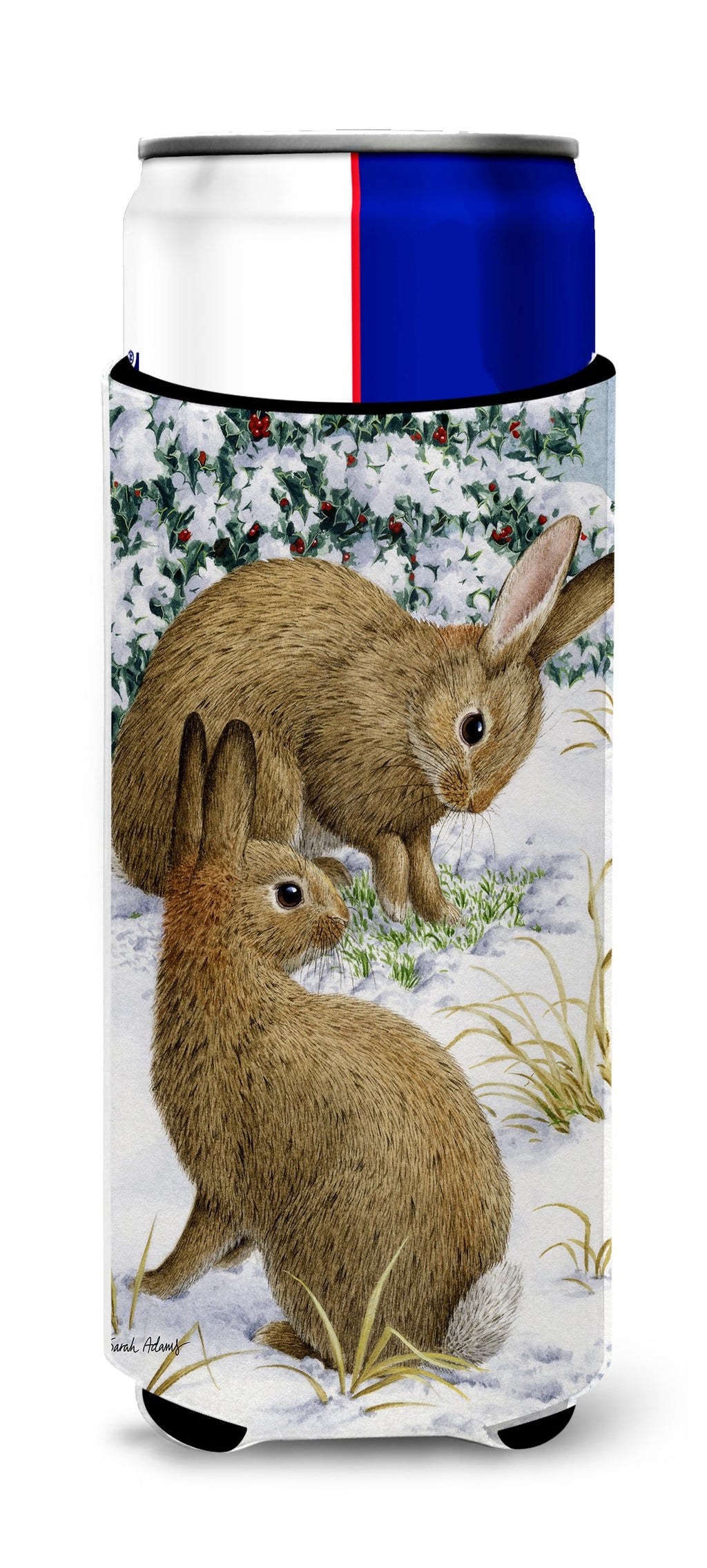 Rabbit searching for Grass in the Snow Slim Can Hugger , Insulated Foam Hugger for 12 oz Slim Cans, Beer Bottles & Water Bottles, Printed in USA