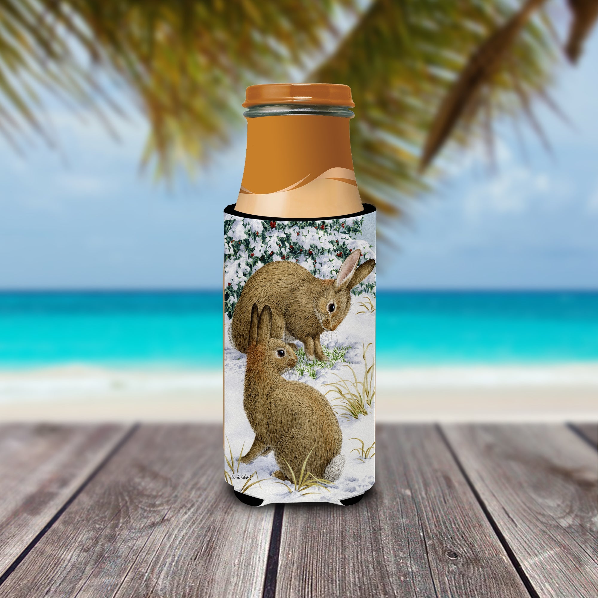Rabbit searching for Grass in the Snow Slim Can Hugger , Insulated Foam Hugger for 12 oz Slim Cans, Beer Bottles & Water Bottles, Printed in USA