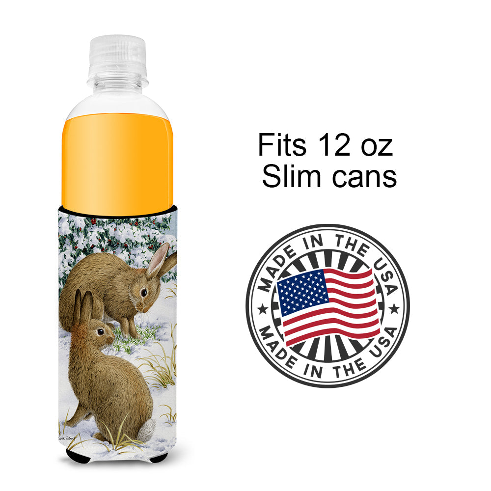 Rabbit searching for Grass in the Snow Slim Can Hugger , Insulated Foam Hugger for 12 oz Slim Cans, Beer Bottles & Water Bottles, Printed in USA