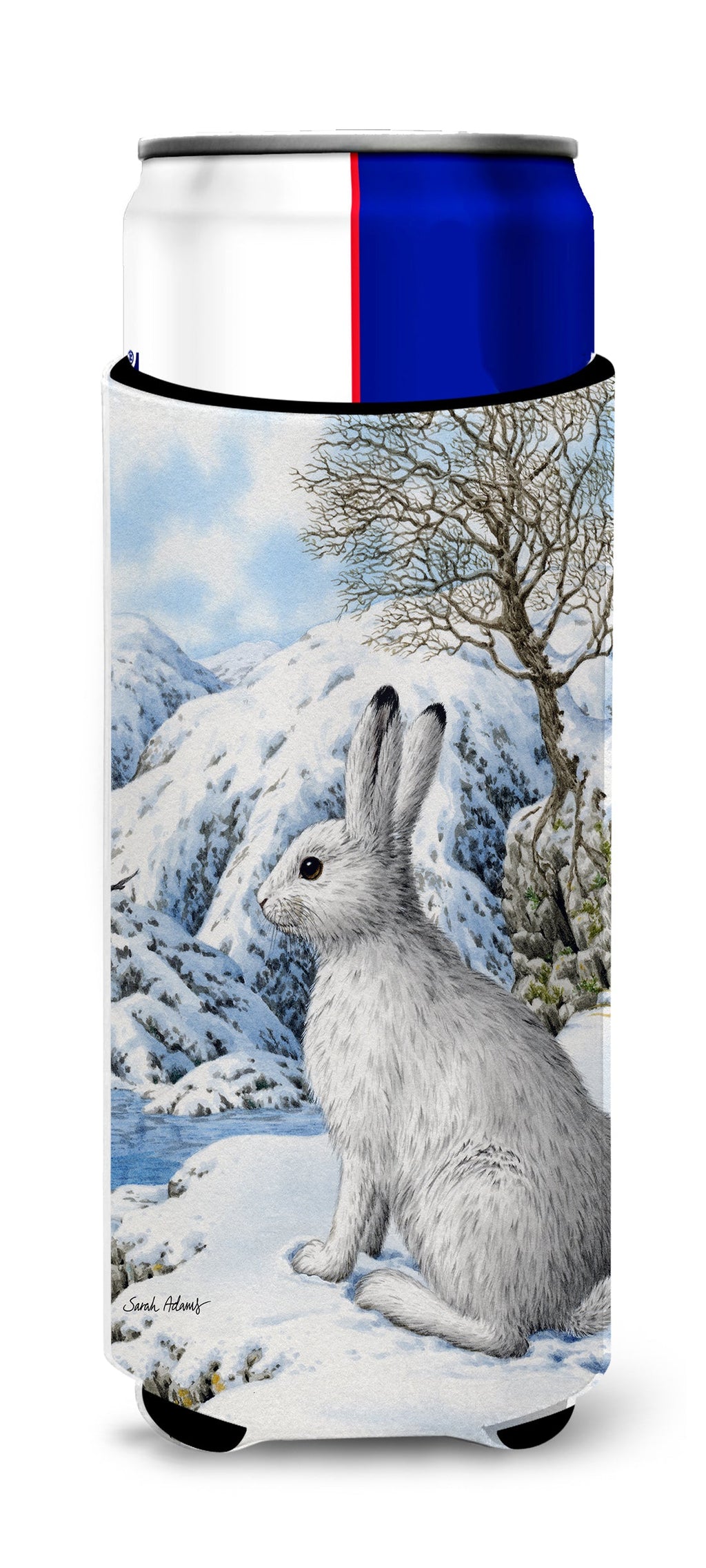 Mountain Hare White Rabbit Slim Can Hugger , Insulated Foam Hugger for 12 oz Slim Cans, Beer Bottles & Water Bottles, Printed in USA
