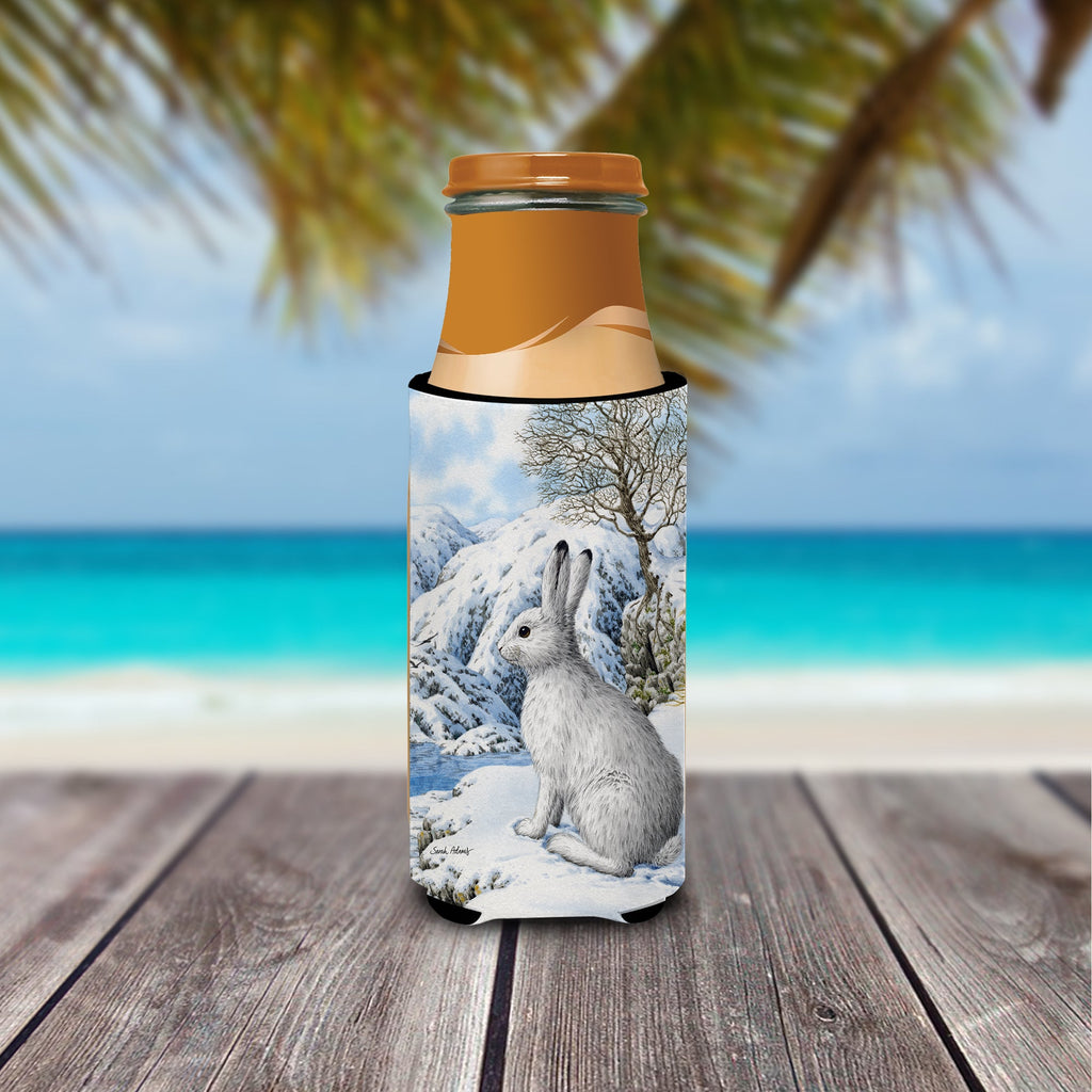 Mountain Hare White Rabbit Slim Can Hugger , Insulated Foam Hugger for 12 oz Slim Cans, Beer Bottles & Water Bottles, Printed in USA