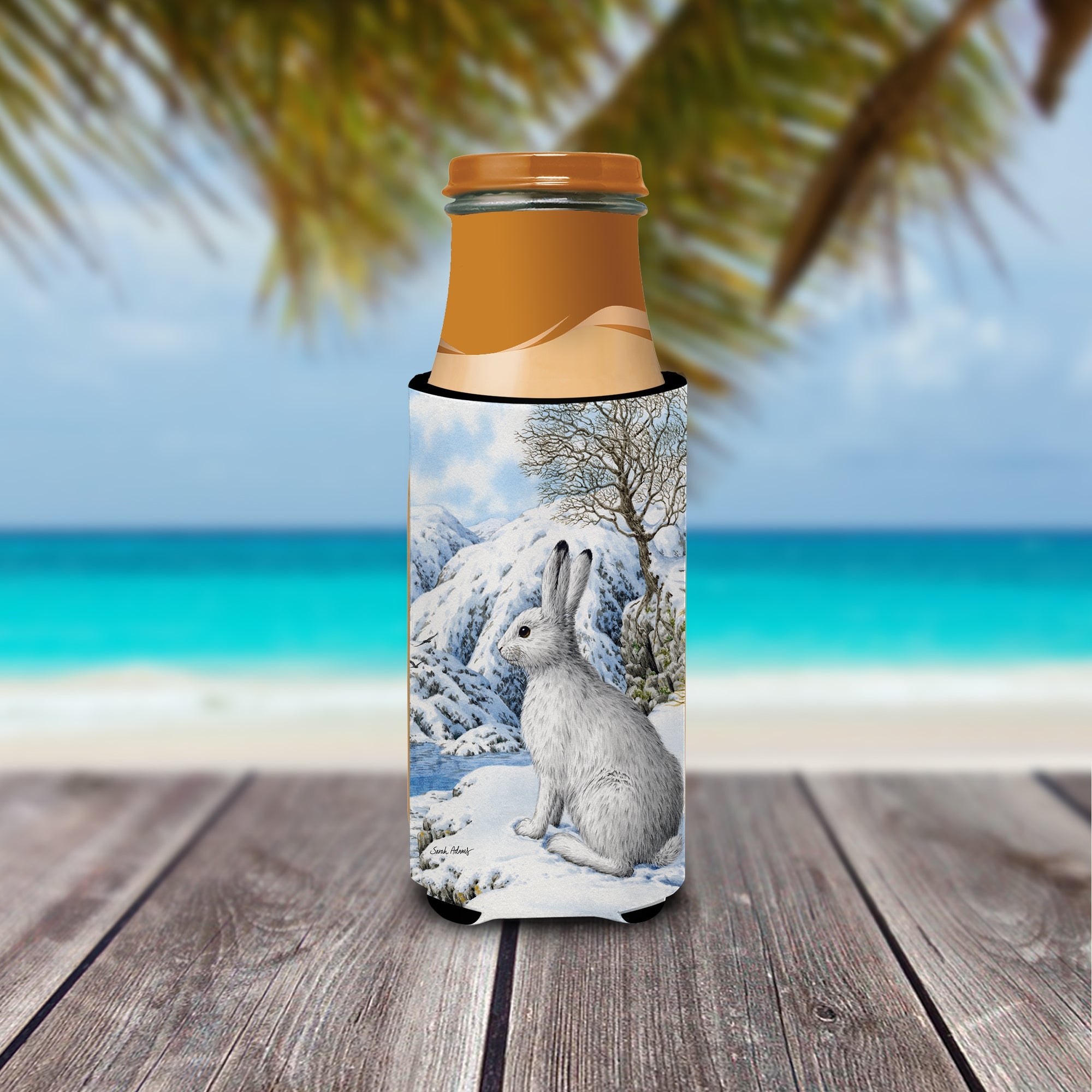 Mountain Hare White Rabbit Slim Can Hugger , Insulated Foam Hugger for 12 oz Slim Cans, Beer Bottles & Water Bottles, Printed in USA