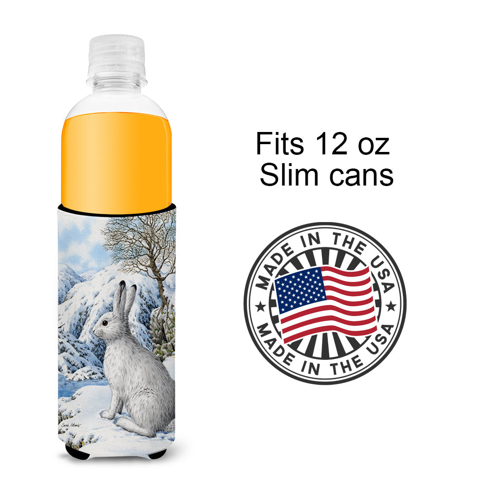 Mountain Hare White Rabbit Slim Can Hugger , Insulated Foam Hugger for 12 oz Slim Cans, Beer Bottles & Water Bottles, Printed in USA