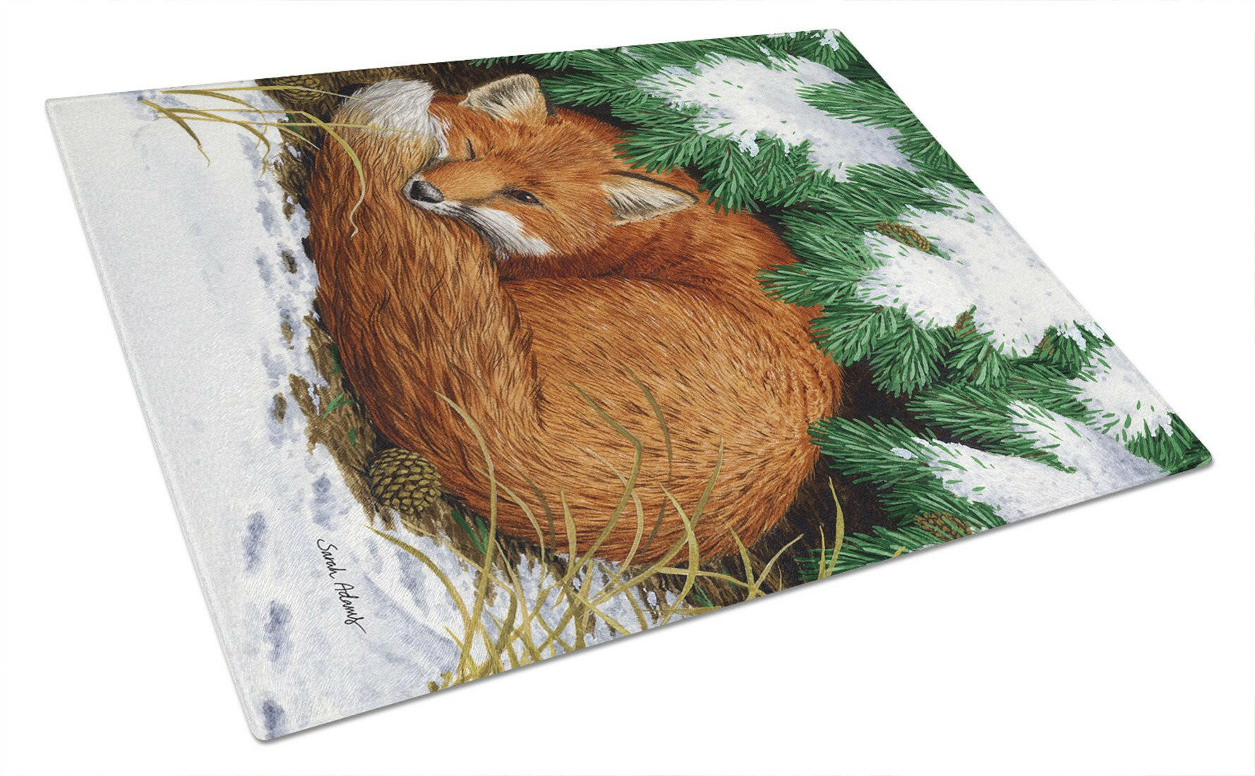 Fox Nap Time Cutting Board Tempered Glass Kitchen Cutting Surface, Heat Resistant Chopping, Non-Slip Feet, Food Prep & Serving