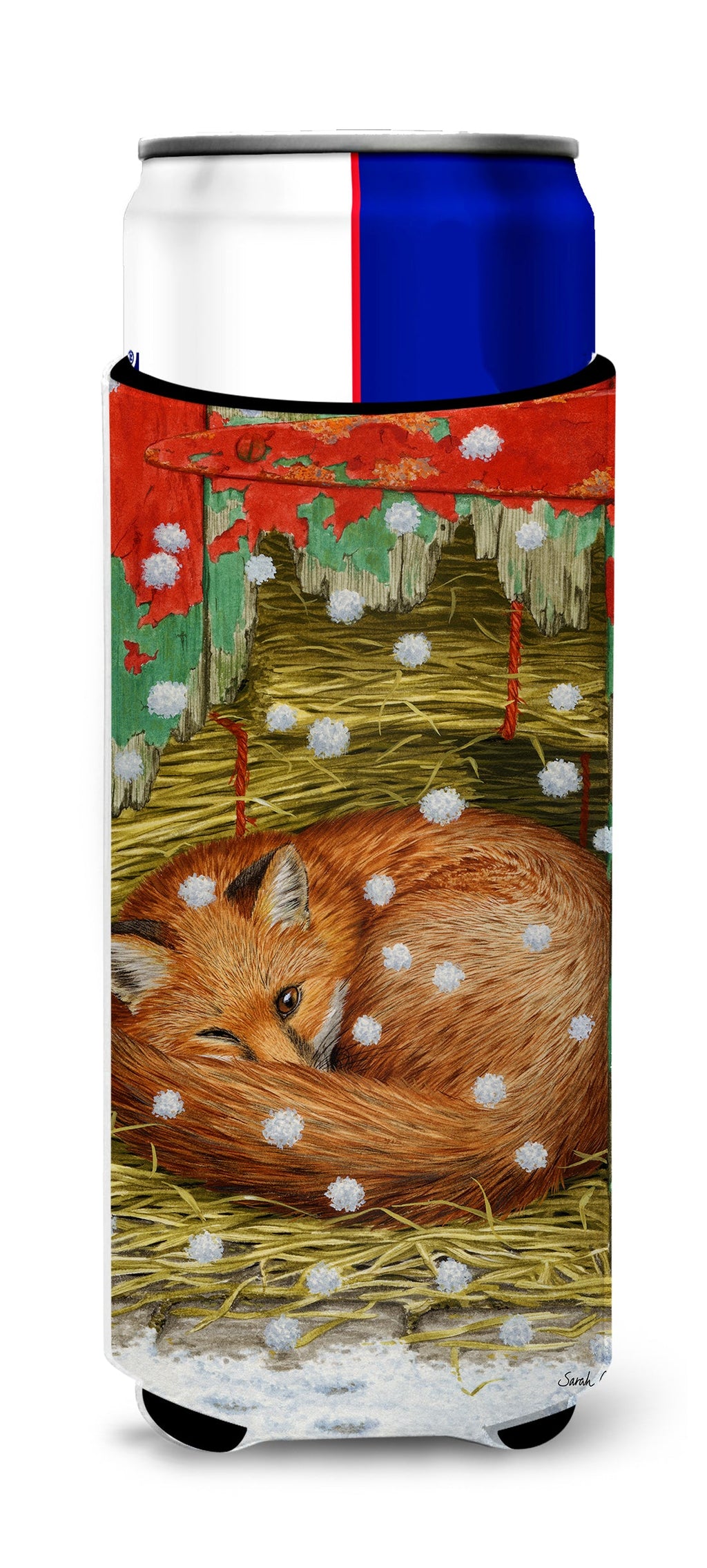Fox Sleeping in the Snow Slim Can Hugger , Insulated Foam Hugger for 12 oz Slim Cans, Beer Bottles & Water Bottles, Printed in USA