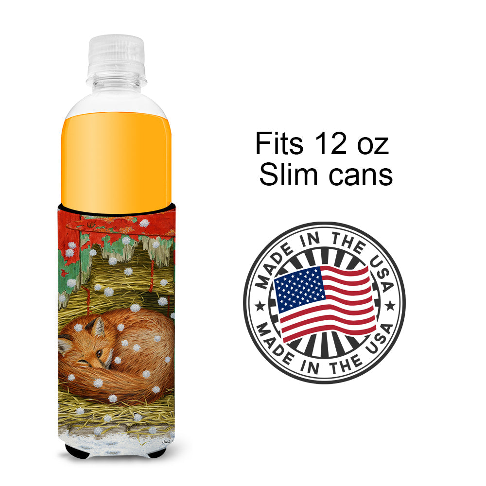 Fox Sleeping in the Snow Slim Can Hugger , Insulated Foam Hugger for 12 oz Slim Cans, Beer Bottles & Water Bottles, Printed in USA