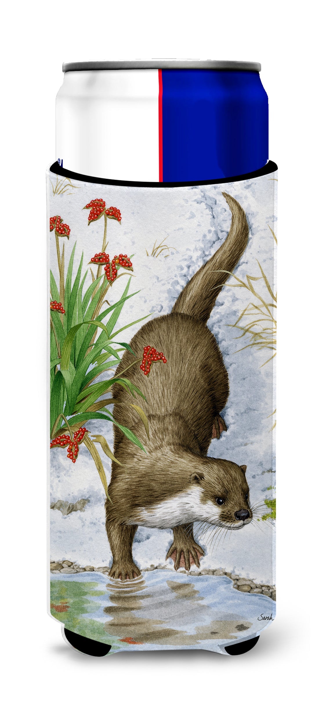 Otter by the Water Slim Can Hugger , Insulated Foam Hugger for 12 oz Slim Cans, Beer Bottles & Water Bottles, Printed in USA