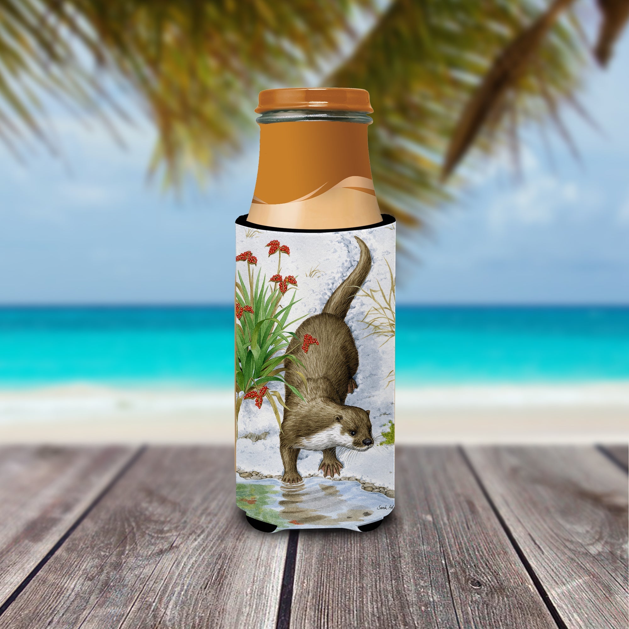 Otter by the Water Slim Can Hugger , Insulated Foam Hugger for 12 oz Slim Cans, Beer Bottles & Water Bottles, Printed in USA