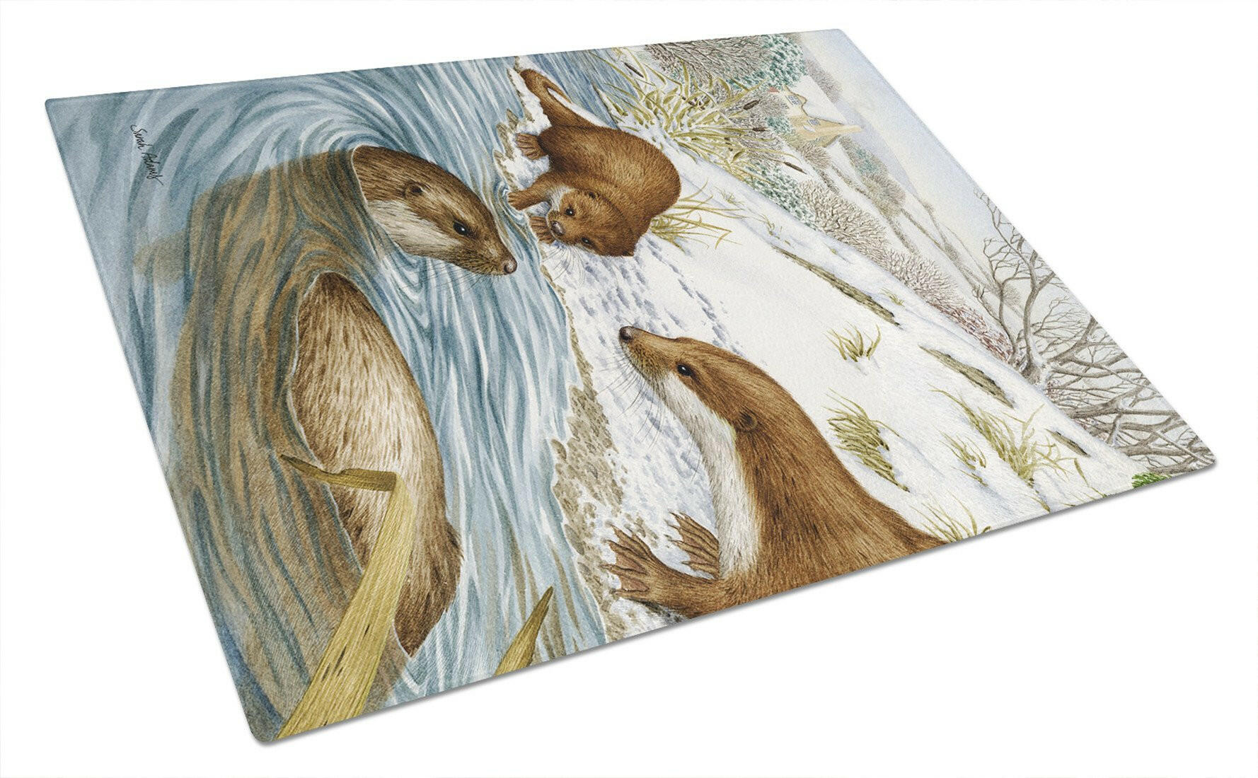 Otter at Play Cutting Board Tempered Glass Kitchen Cutting Surface, Heat Resistant Chopping, Non-Slip Feet, Food Prep & Serving