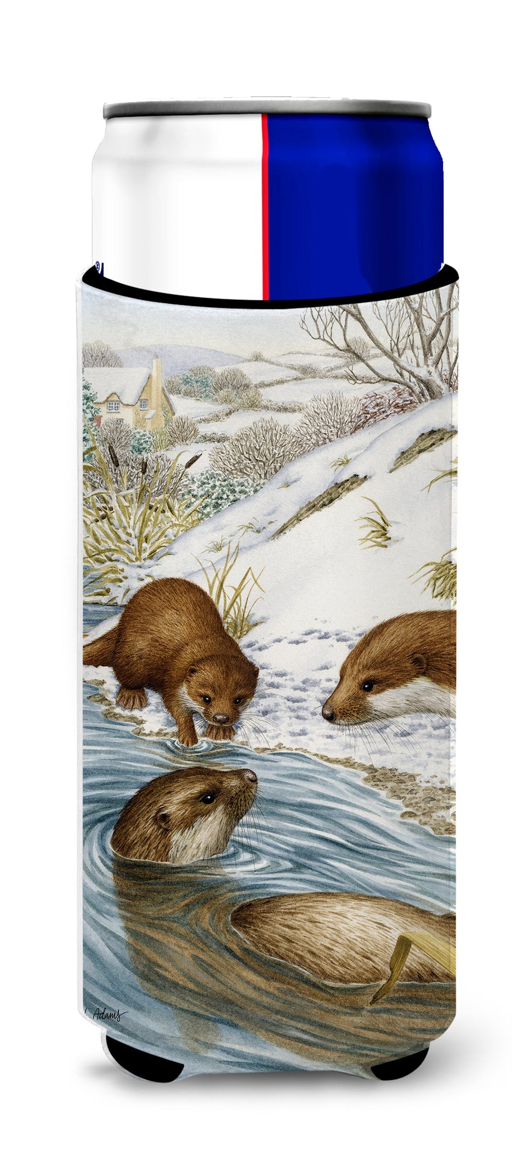 Otter at Play Slim Can Hugger , Insulated Foam Hugger for 12 oz Slim Cans, Beer Bottles & Water Bottles, Printed in USA