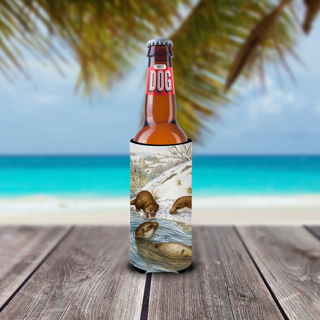 Otter at Play Slim Can Hugger , Insulated Foam Hugger for 12 oz Slim Cans, Beer Bottles & Water Bottles, Printed in USA