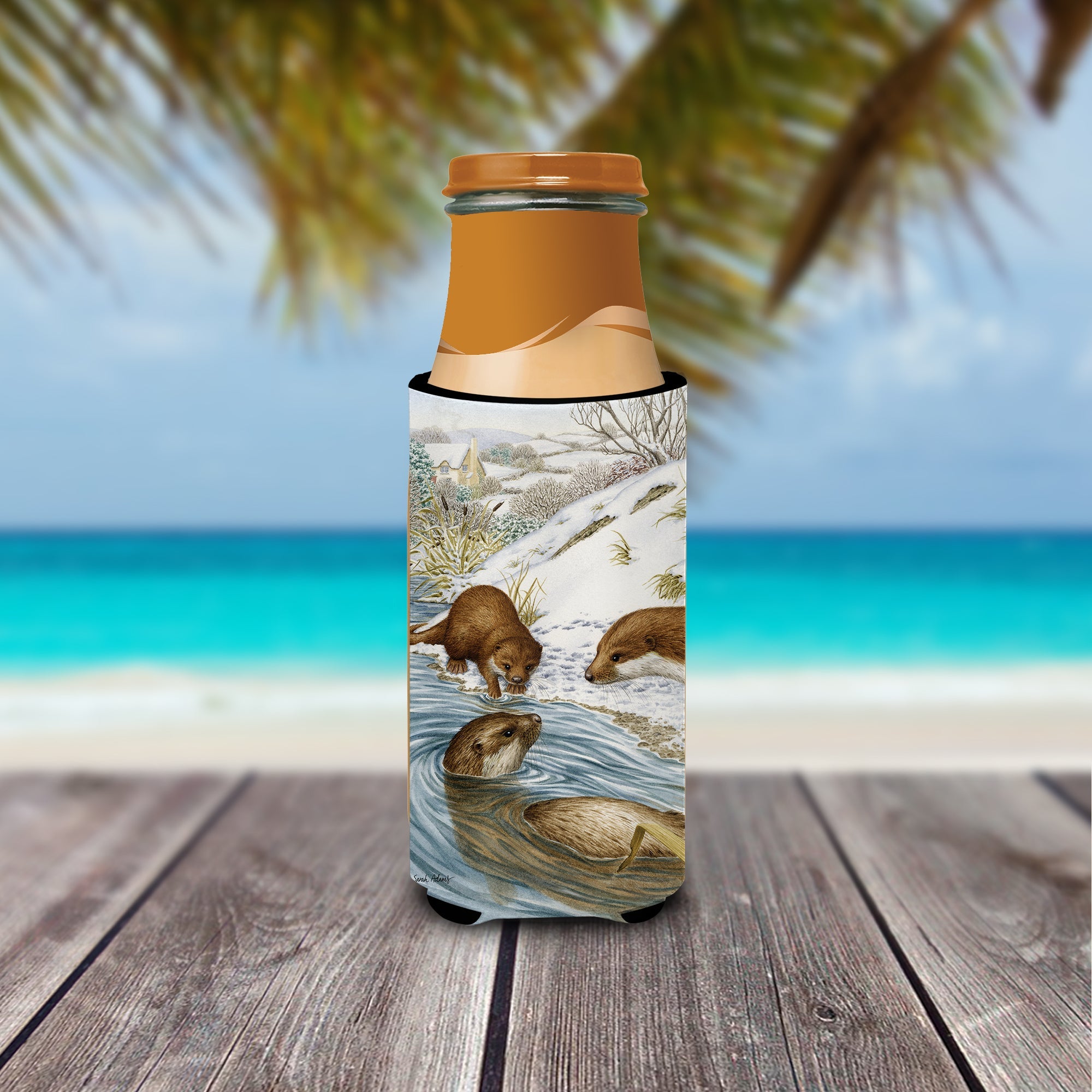 Otter at Play Slim Can Hugger , Insulated Foam Hugger for 12 oz Slim Cans, Beer Bottles & Water Bottles, Printed in USA