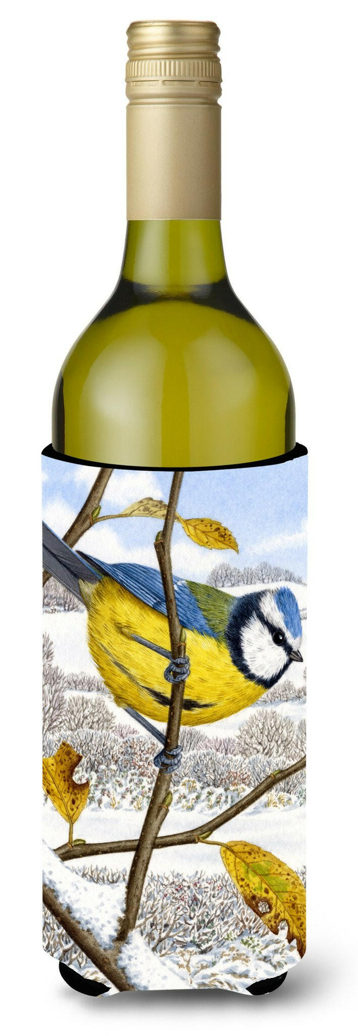 Eurasian Blue Tits Bird Wine Bottle Hugger Gift Sleeve for Standard 750 ml Bottles, Insulated Reusable Also Fits Mini Shot & Pint Bottles