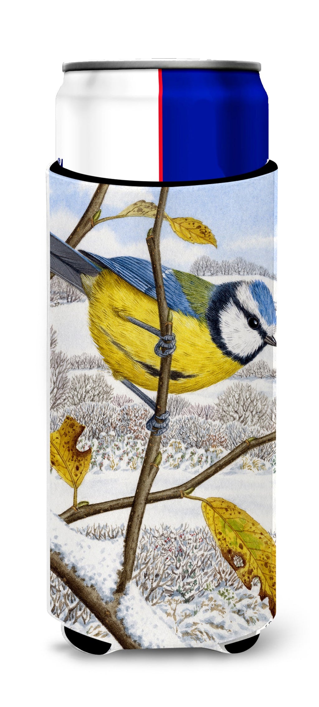 Eurasian Blue Tits Bird Slim Can Hugger , Insulated Foam Hugger for 12 oz Slim Cans, Beer Bottles & Water Bottles, Printed in USA