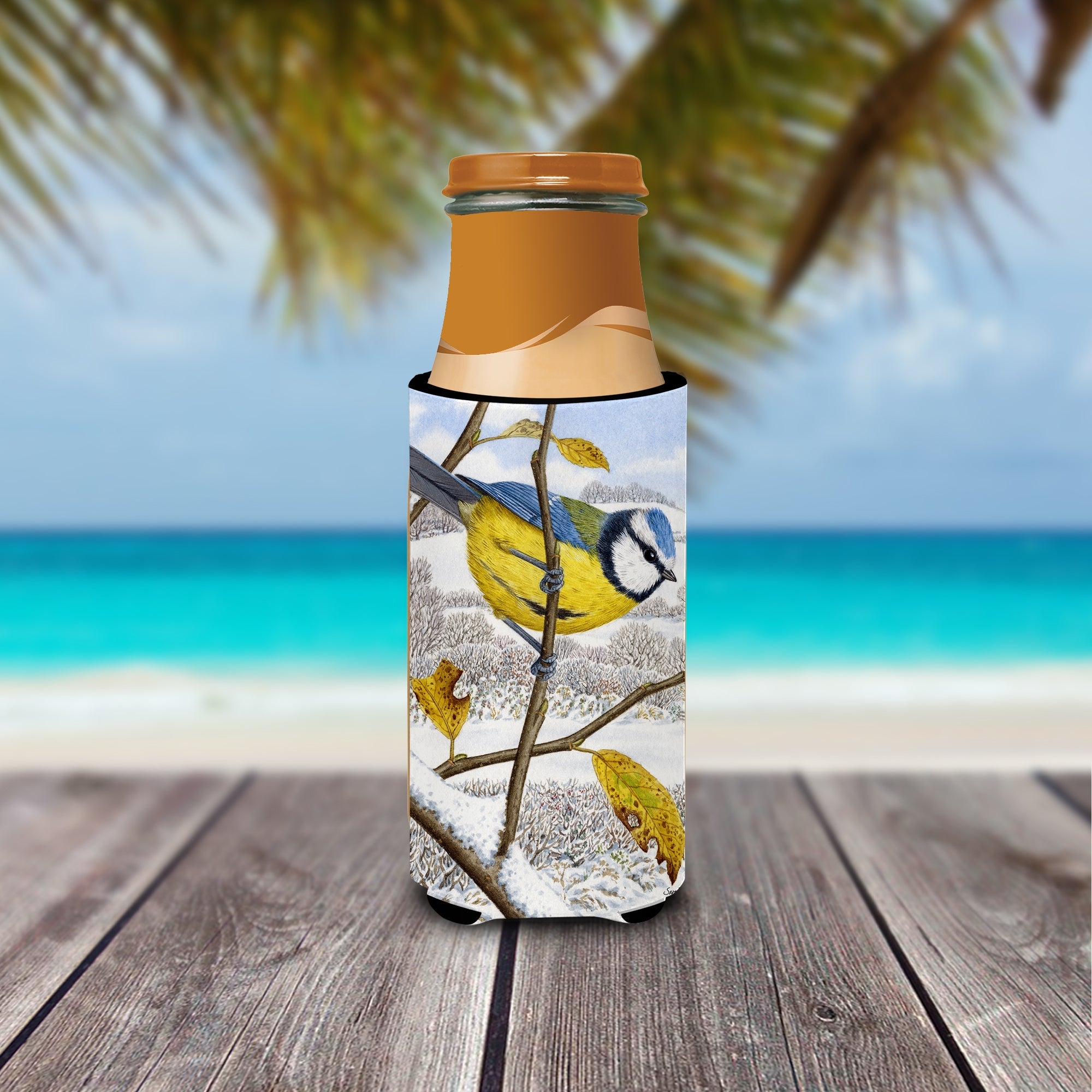 Eurasian Blue Tits Bird Slim Can Hugger , Insulated Foam Hugger for 12 oz Slim Cans, Beer Bottles & Water Bottles, Printed in USA