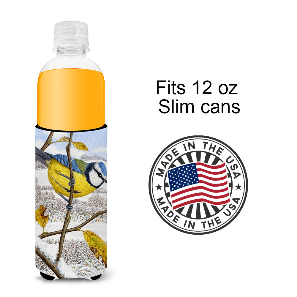 Eurasian Blue Tits Bird Slim Can Hugger , Insulated Foam Hugger for 12 oz Slim Cans, Beer Bottles & Water Bottles, Printed in USA