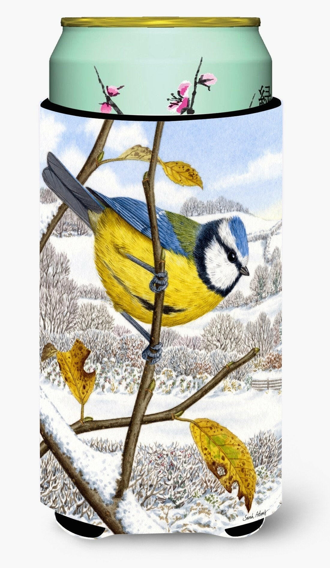 Eurasian Blue Tits Bird Tall Boy Hugger Can Cooler Sleeve Machine Washable Drink Collapsible Insulator Beverage Insulated Holder