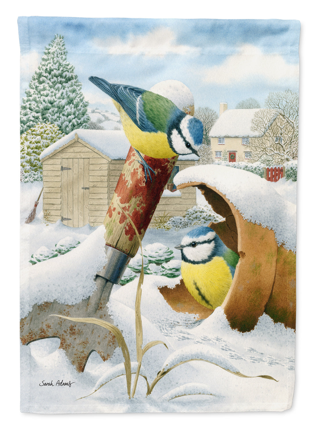 Eurasian Blue Tits Birds in Flower Pot House Flag 28x40 Porch Sleeve Pole Decorative Outside Yard Banner Artwork Wall Hanging, Polyester