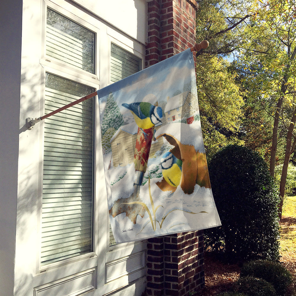 Eurasian Blue Tits Birds in Flower Pot House Flag 28x40 Porch Sleeve Pole Decorative Outside Yard Banner Artwork Wall Hanging, Polyester