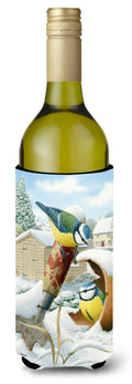 Eurasian Blue Tits Birds in Flower Pot Wine Bottle Hugger Gift Sleeve for Standard 750 ml Bottles, Insulated Reusable Also Fits Mini Shot & Pint Bottles