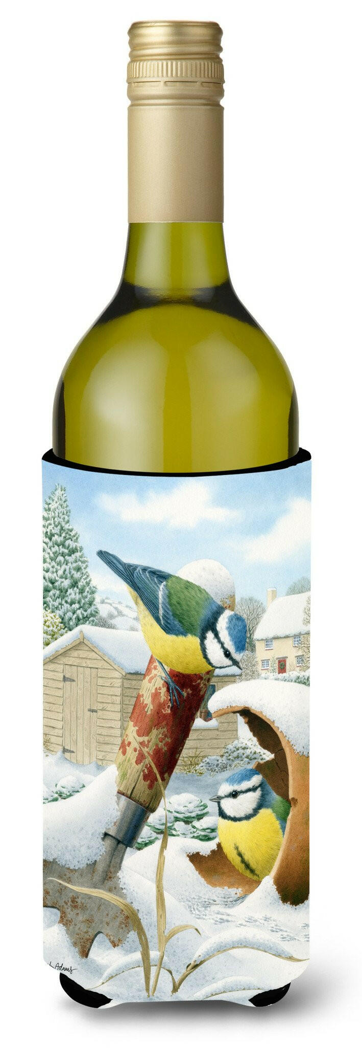 Eurasian Blue Tits Birds in Flower Pot Wine Bottle Hugger Gift Sleeve for Standard 750 ml Bottles, Insulated Reusable Also Fits Mini Shot & Pint Bottles