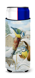 Eurasian Blue Tits Birds in Flower Pot Slim Can Hugger , Insulated Foam Hugger for 12 oz Slim Cans, Beer Bottles & Water Bottles, Printed in USA