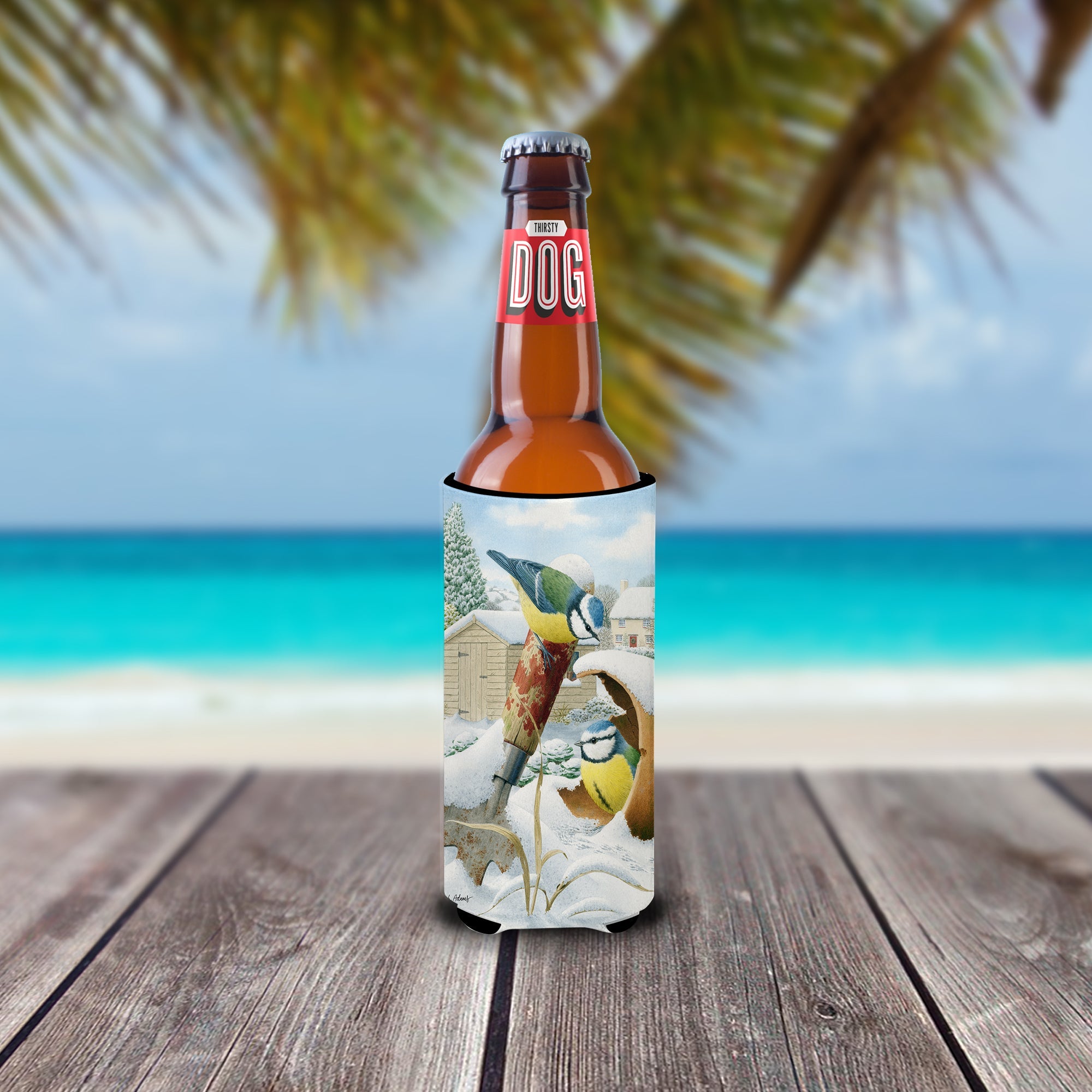 Eurasian Blue Tits Birds in Flower Pot Slim Can Hugger , Insulated Foam Hugger for 12 oz Slim Cans, Beer Bottles & Water Bottles, Printed in USA