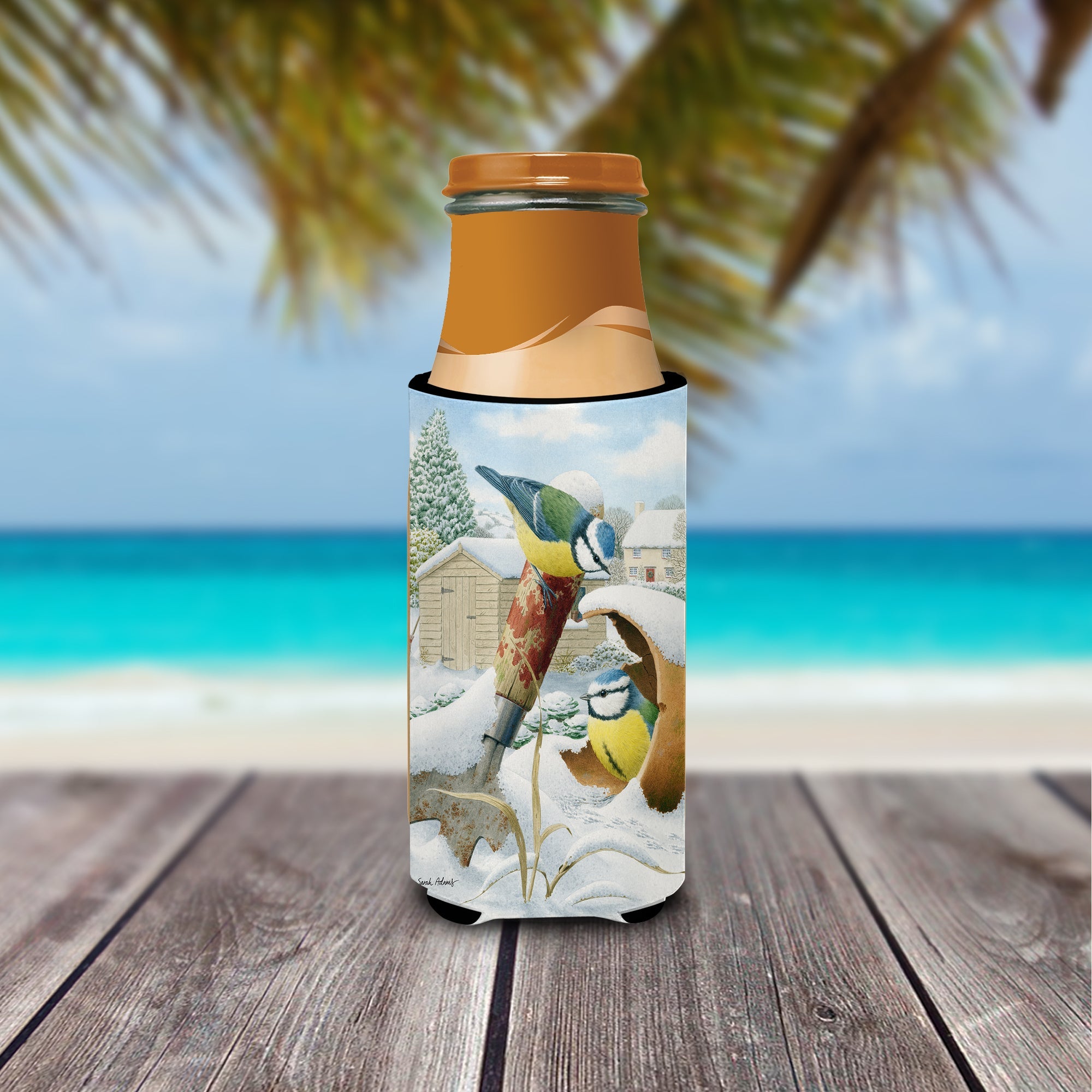 Eurasian Blue Tits Birds in Flower Pot Slim Can Hugger , Insulated Foam Hugger for 12 oz Slim Cans, Beer Bottles & Water Bottles, Printed in USA