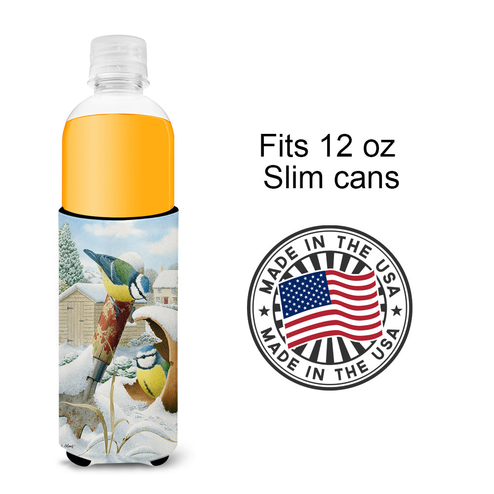 Eurasian Blue Tits Birds in Flower Pot Slim Can Hugger , Insulated Foam Hugger for 12 oz Slim Cans, Beer Bottles & Water Bottles, Printed in USA
